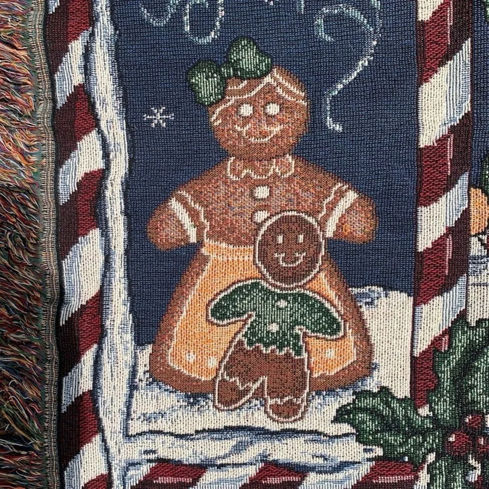 Vintage Christmas Gingerbread Village Peppermint Woven Throw Blanket Tapestry
